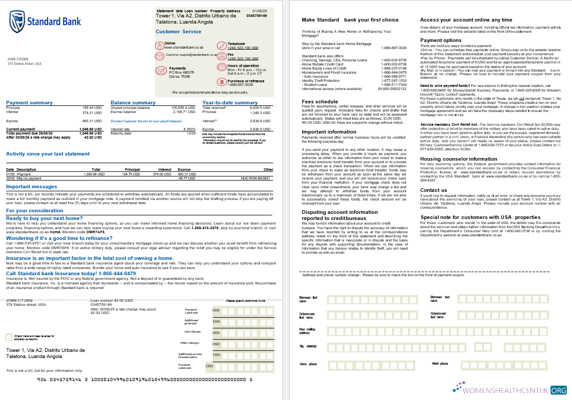 Download USA Standard Bank mortgage statement in Word and PDF formats, 2 pages Photoshop template